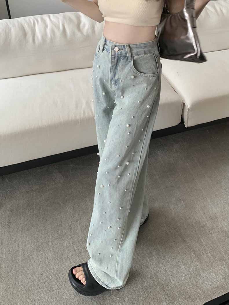 パール デニム デニムパンツ レディース ストレートデニム ワイドデニム ボーイフレンドデニム 大きいサイズ ホック ゆったり 