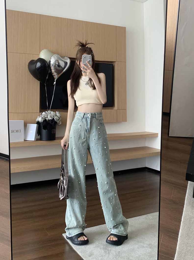 パール デニム デニムパンツ レディース ストレートデニム ワイドデニム ボーイフレンドデニム 大きいサイズ ホック ゆったり 
