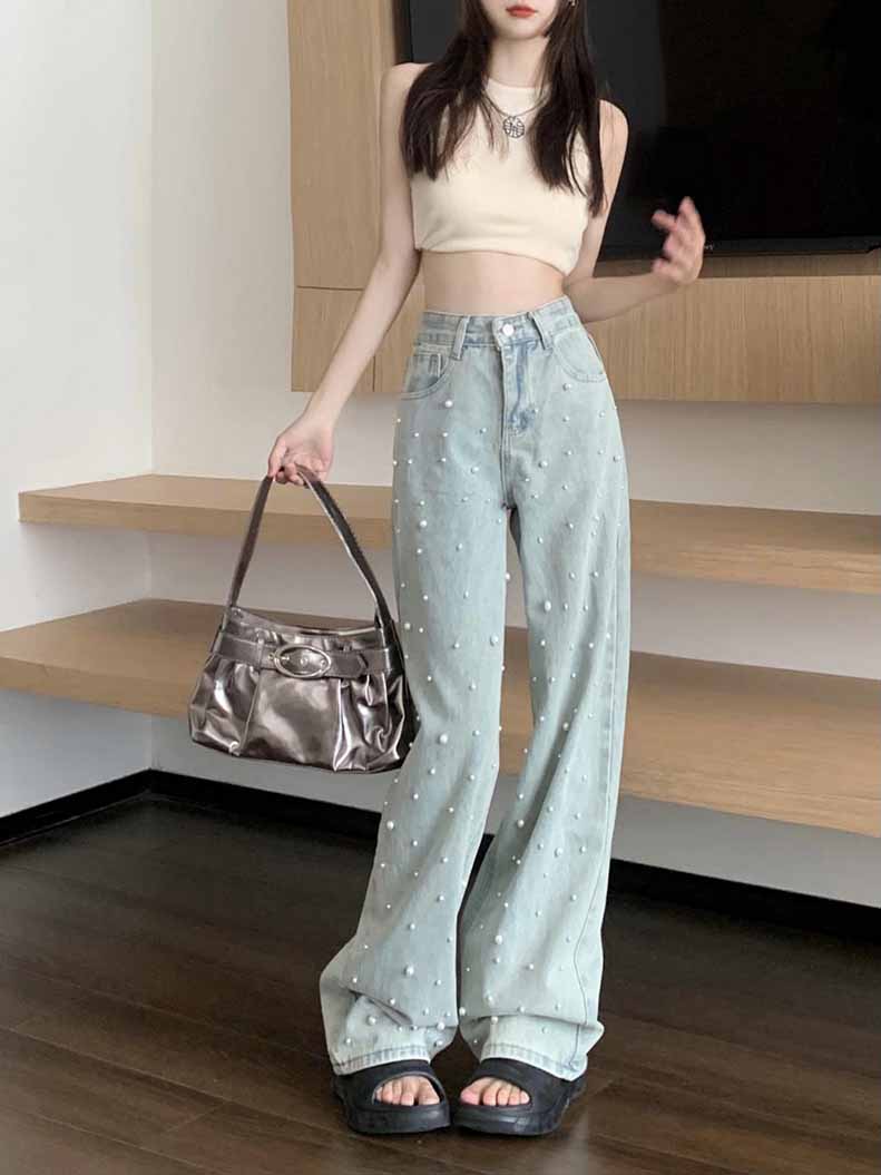 パール デニム デニムパンツ レディース ストレートデニム ワイドデニム ボーイフレンドデニム 大きいサイズ ホック ゆったり 