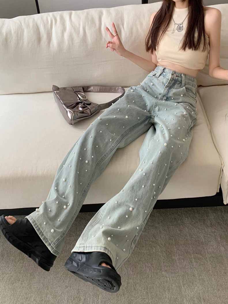 パール デニム デニムパンツ レディース ストレートデニム ワイドデニム ボーイフレンドデニム 大きいサイズ ホック ゆったり 