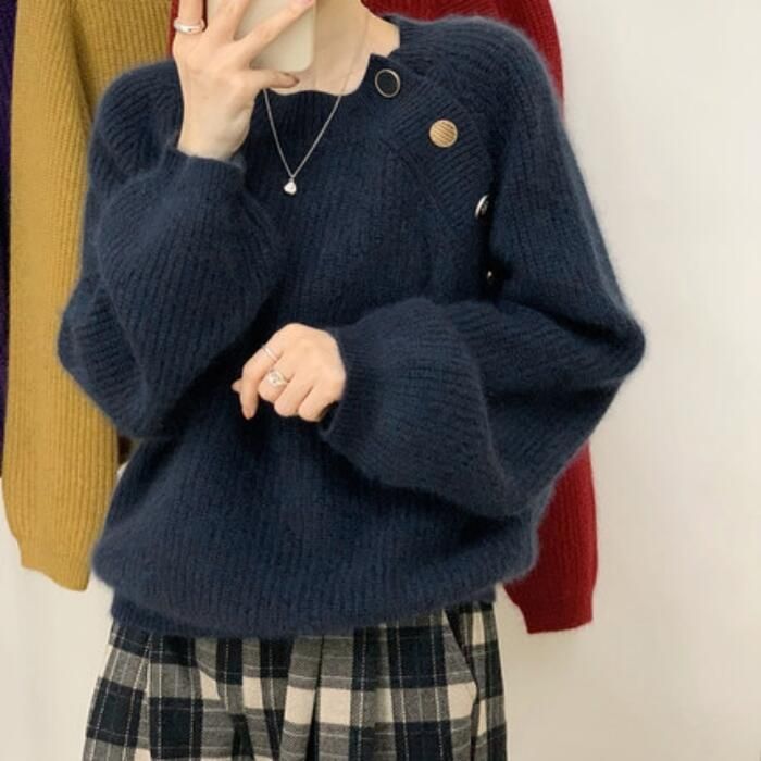 トップス ニット セーター カットソー ボタン クルーネック きれいめ 可愛い 体型カバー シンプル おしゃれ 長袖 レディース カジュアル 大人 フェミ ゆったり 