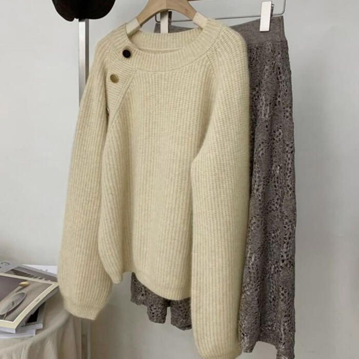 トップス ニット セーター カットソー ボタン クルーネック きれいめ 可愛い 体型カバー シンプル おしゃれ 長袖 レディース カジュアル 大人 フェミ ゆったり 