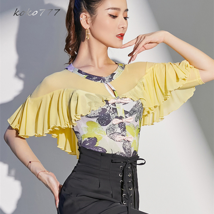 Tシャツ レディース レオタード 上衣 柄物 ラテンダンス モダンダンス 女子服 舞台衣装 ウェア ロンパース 発表会 フリル 学園祭 練習着 トップス 部活公演 