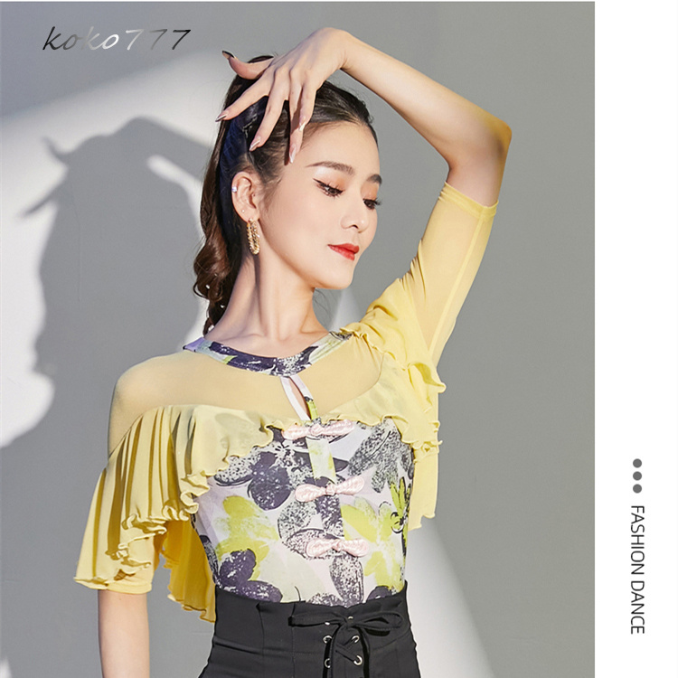Tシャツ レディース レオタード 上衣 柄物 ラテンダンス モダンダンス 女子服 舞台衣装 ウェア ロンパース 発表会 フリル 学園祭 練習着 トップス 部活公演 