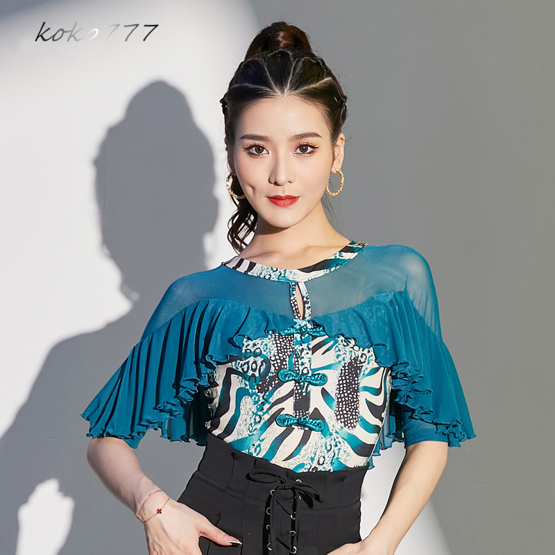 Tシャツ レディース レオタード 上衣 柄物 ラテンダンス モダンダンス 女子服 舞台衣装 ウェア ロンパース 発表会 フリル 学園祭 練習着 トップス 部活公演 