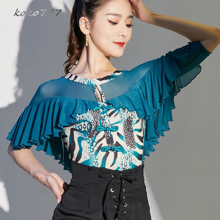 Tシャツ レディース レオタード 上衣 柄物 ラテンダンス モダンダンス 女子服 舞台衣装 ウェア ロンパース 発表会 フリル 学園祭 練習着 トップス 部活公演 
