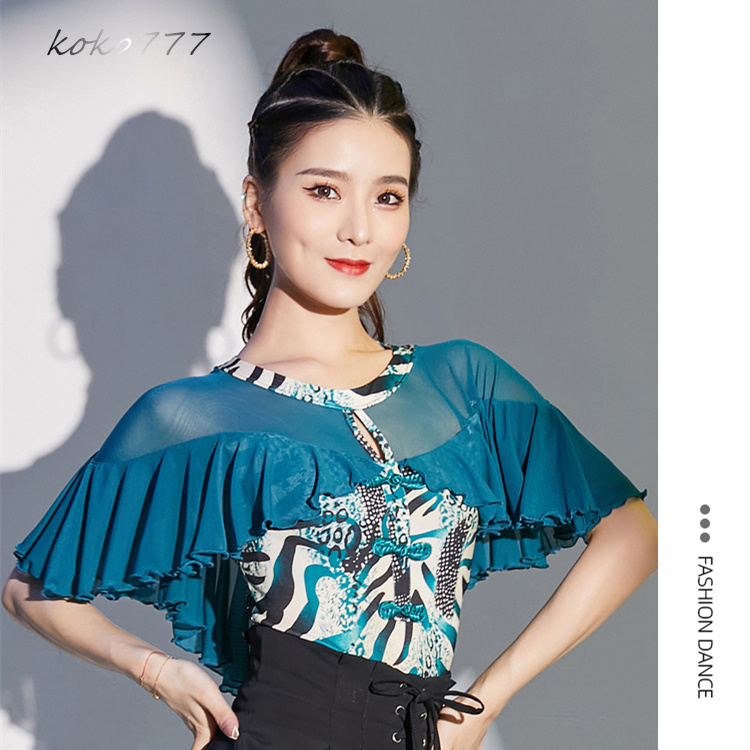 Tシャツ レディース レオタード 上衣 柄物 ラテンダンス モダンダンス 女子服 舞台衣装 ウェア ロンパース 発表会 フリル 学園祭 練習着 トップス 部活公演 