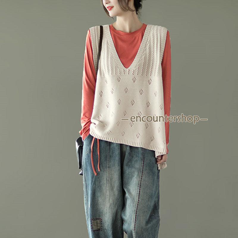 ニットベスト レディース チョッキ トップス Vネック ベスト 薄手 秋コーデ 重ね着 カジュアル ゆったり 無地 セーター シンプル ノースリーブ 