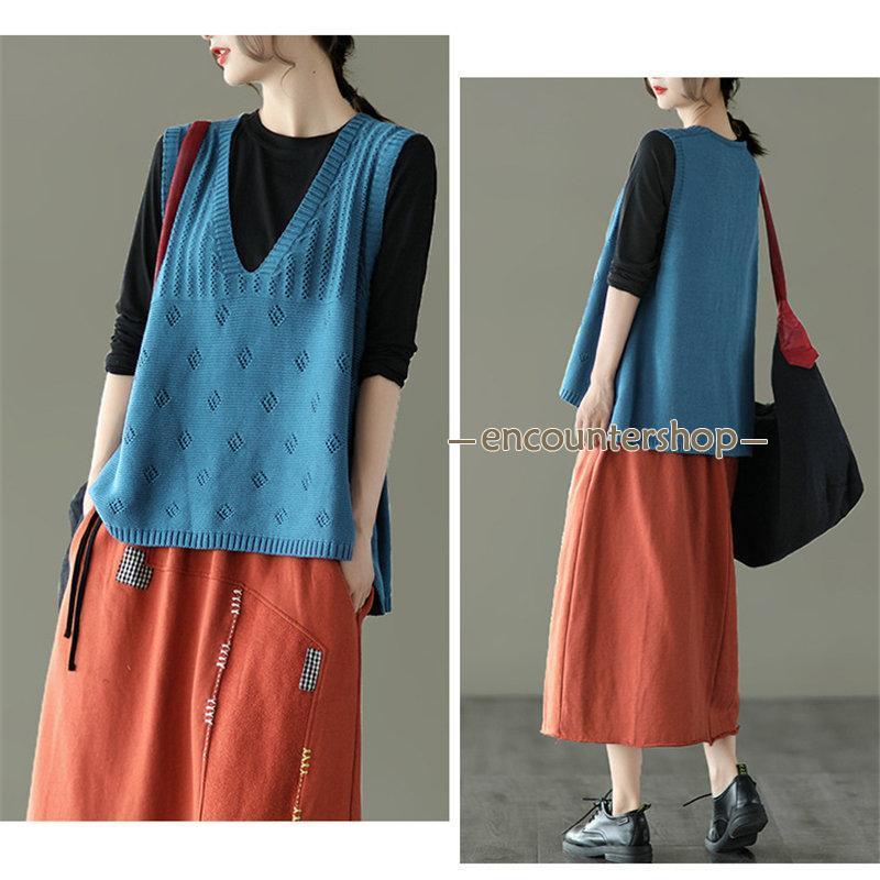 ニットベスト レディース チョッキ トップス Vネック ベスト 薄手 秋コーデ 重ね着 カジュアル ゆったり 無地 セーター シンプル ノースリーブ 