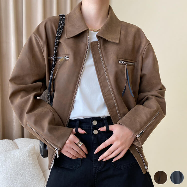 レザージャケット レディース ブルゾン 長袖 韓国 レザー ジップアップ アウター ゆったり フェイクレザー ダメージ加工 エコレザー おしゃれ 