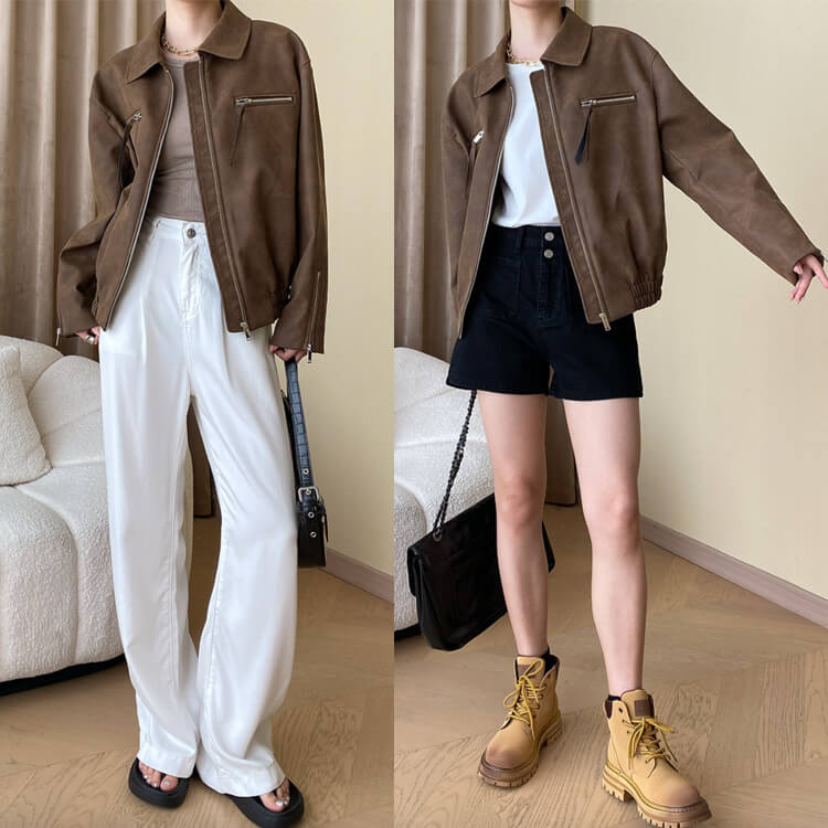 レザージャケット レディース ブルゾン 長袖 韓国 レザー ジップアップ アウター ゆったり フェイクレザー ダメージ加工 エコレザー おしゃれ 