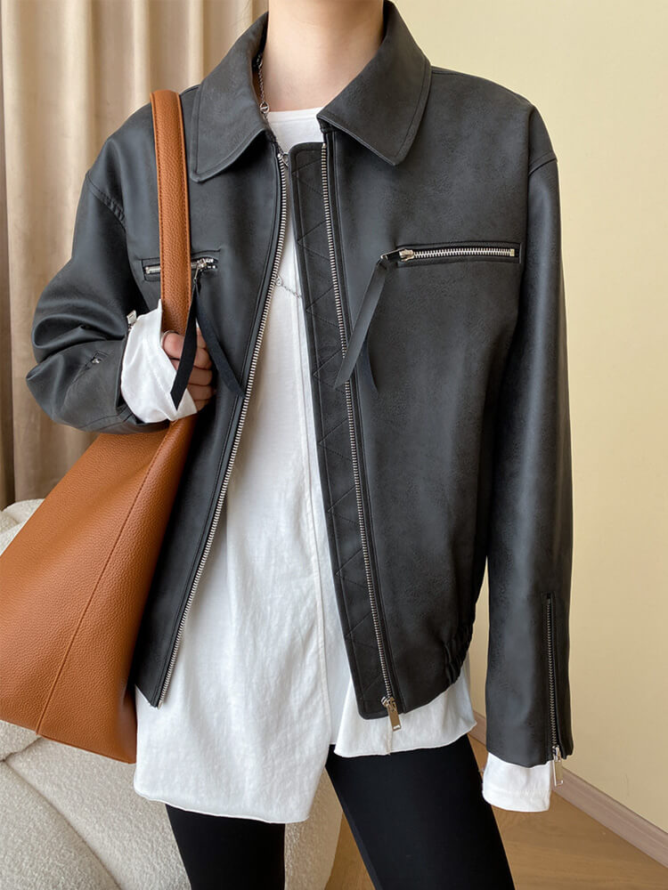 レザージャケット レディース ブルゾン 長袖 韓国 レザー ジップアップ アウター ゆったり フェイクレザー ダメージ加工 エコレザー おしゃれ 