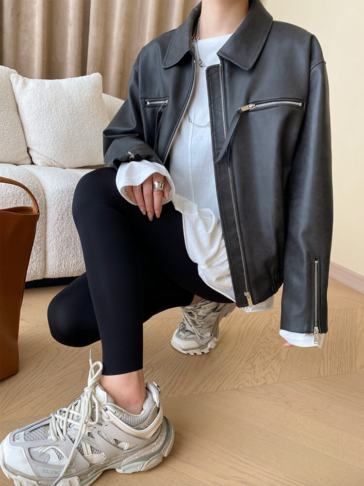 レザージャケット レディース ブルゾン 長袖 韓国 レザー ジップアップ アウター ゆったり フェイクレザー ダメージ加工 エコレザー おしゃれ 