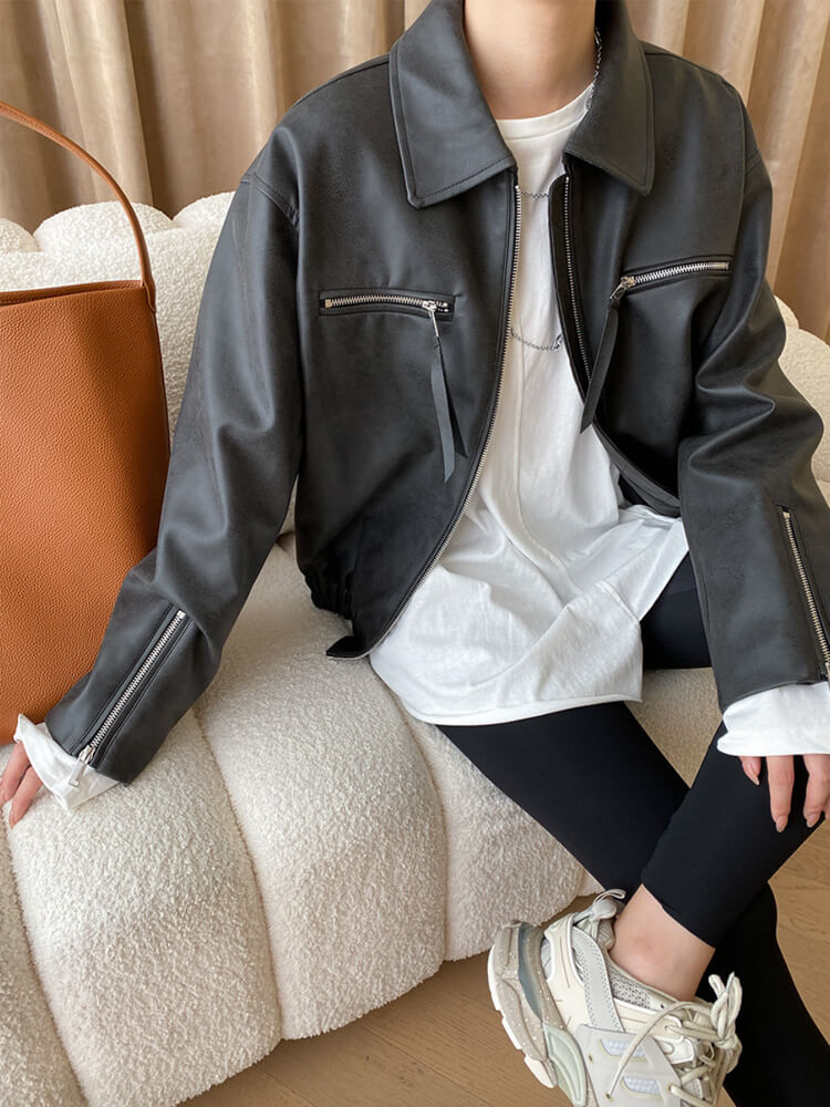 レザージャケット レディース ブルゾン 長袖 韓国 レザー ジップアップ アウター ゆったり フェイクレザー ダメージ加工 エコレザー おしゃれ 