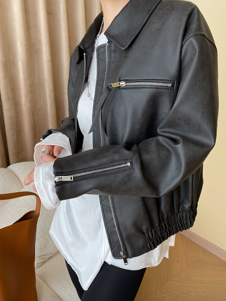 レザージャケット レディース ブルゾン 長袖 韓国 レザー ジップアップ アウター ゆったり フェイクレザー ダメージ加工 エコレザー おしゃれ 