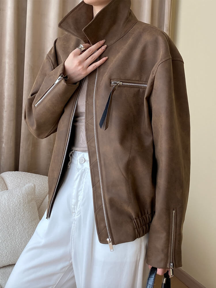 レザージャケット レディース ブルゾン 長袖 韓国 レザー ジップアップ アウター ゆったり フェイクレザー ダメージ加工 エコレザー おしゃれ 