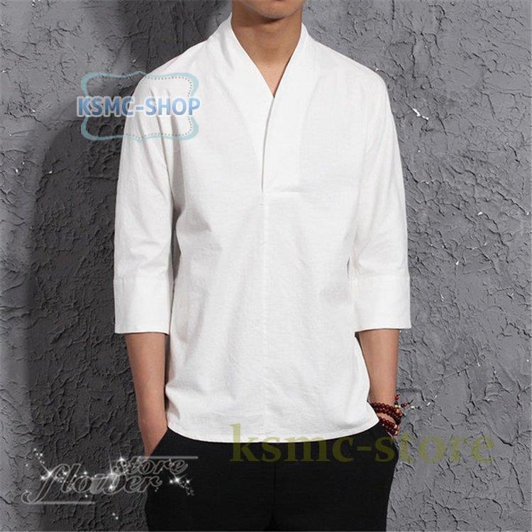 シャツ メンズ 無地 長袖 シャツ バンドカジュアル 春夏 ポケット 白シャツ シンプル 
