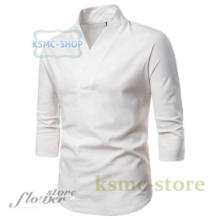 シャツ メンズ 無地 長袖 シャツ バンドカジュアル 春夏 ポケット 白シャツ シンプル 