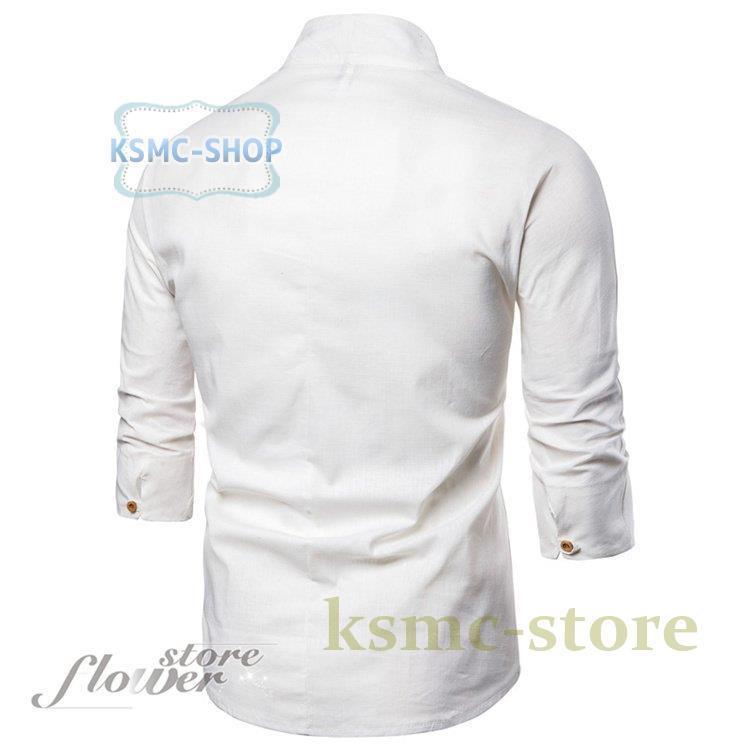 シャツ メンズ 無地 長袖 シャツ バンドカジュアル 春夏 ポケット 白シャツ シンプル 