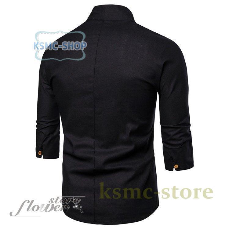 シャツ メンズ 無地 長袖 シャツ バンドカジュアル 春夏 ポケット 白シャツ シンプル 