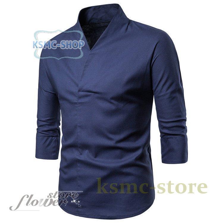 シャツ メンズ 無地 長袖 シャツ バンドカジュアル 春夏 ポケット 白シャツ シンプル 