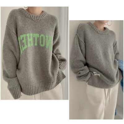 ニット セーター ロゴ リバーシブル レディース トップス プルオーバー 可愛い ピンク オーバーサイズ おしゃれ 長袖 カジュアル 体型カバー シンプル ゆったり 