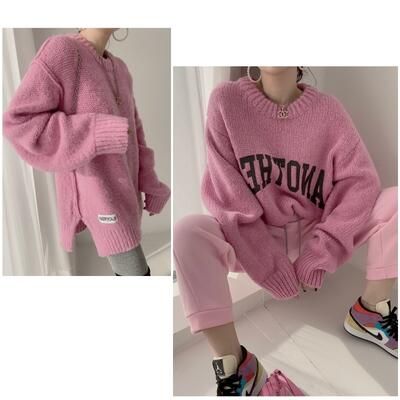 ニット セーター ロゴ リバーシブル レディース トップス プルオーバー 可愛い ピンク オーバーサイズ おしゃれ 長袖 カジュアル 体型カバー シンプル ゆったり 