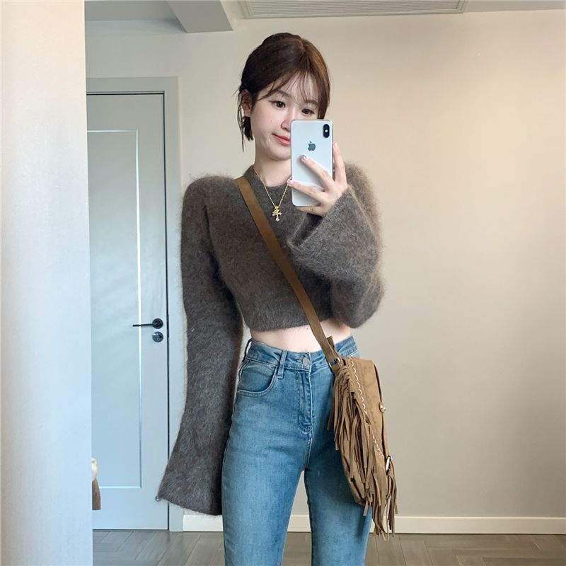 セーター ふわふわ ニット レディース 秋 トップス もこもこ シャギーニット 韓国 ニットトップス カジュアル ショート丈 無地 長袖 