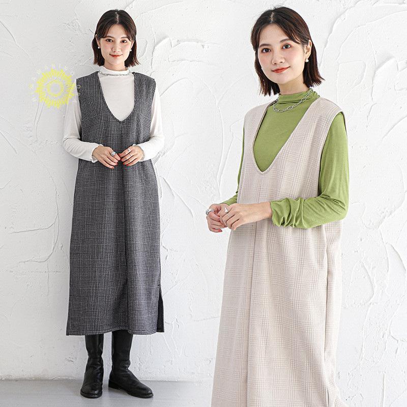ジャンパースカート ノースリーブワンピース 2WAY ジャンスカ ｖネック マタニティ レディース ストレートシルエット 体型カバー 春秋冬 