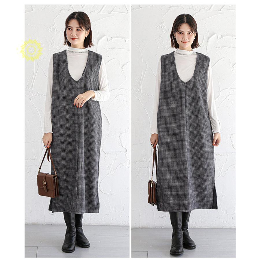 ジャンパースカート ノースリーブワンピース 2WAY ジャンスカ ｖネック マタニティ レディース ストレートシルエット 体型カバー 春秋冬 