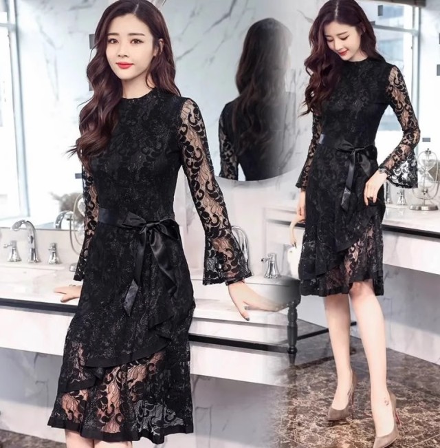 パーティードレス 結婚式 お呼ばれドレス マーメイドワンピース 膝丈 袖あり シアー タイト 40代 4L ドレス 総レース 大きいサイズ 黒 20代 長袖 3L 30代 
