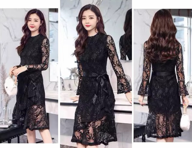 パーティードレス 結婚式 お呼ばれドレス マーメイドワンピース 膝丈 袖あり シアー タイト 40代 4L ドレス 総レース 大きいサイズ 黒 20代 長袖 3L 30代 