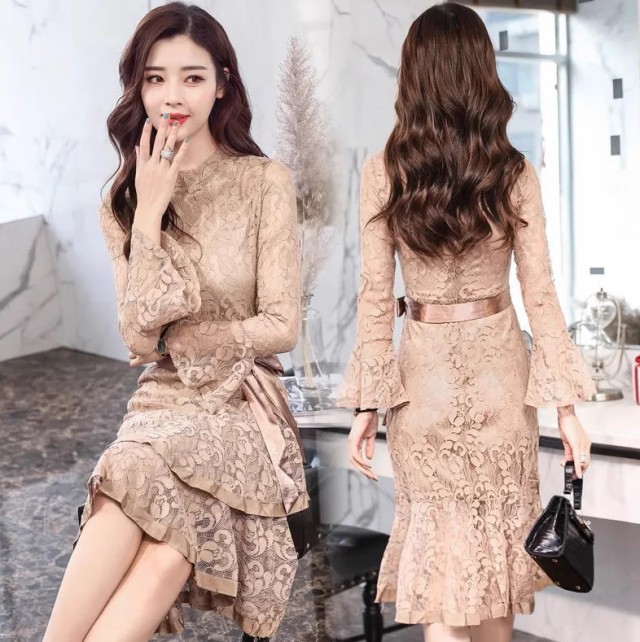 パーティードレス 結婚式 お呼ばれドレス マーメイドワンピース 膝丈 袖あり シアー タイト 40代 4L ドレス 総レース 大きいサイズ 黒 20代 長袖 3L 30代 