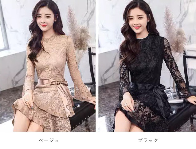 パーティードレス 結婚式 お呼ばれドレス マーメイドワンピース 膝丈 袖あり シアー タイト 40代 4L ドレス 総レース 大きいサイズ 黒 20代 長袖 3L 30代 