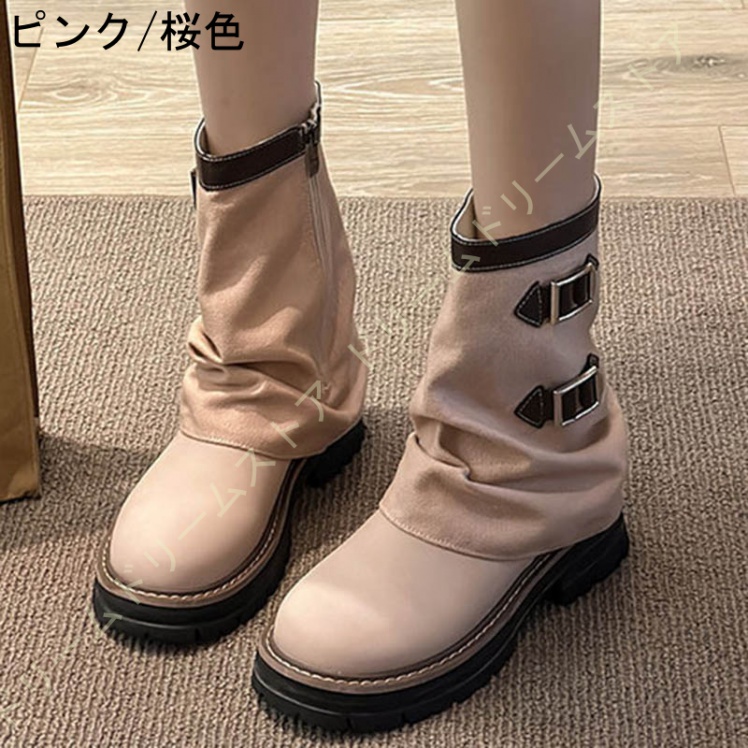 エンジニアブーツ レディース ベルト付き 美脚 脚長 ショートブーツ ショートブーツ ショート丈 ミドル丈 ベージュ ブラック ブーツ カジュアル靴 