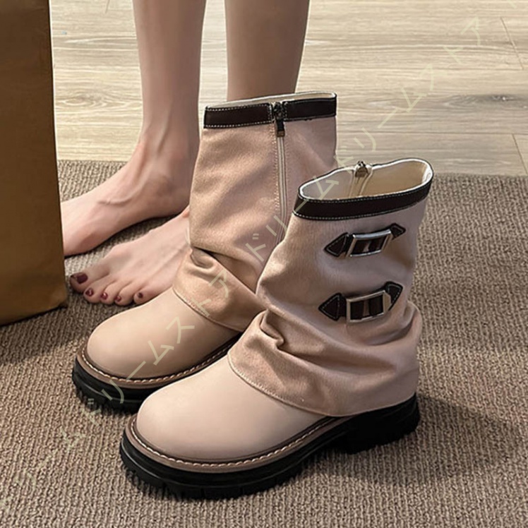 エンジニアブーツ レディース ベルト付き 美脚 脚長 ショートブーツ ショートブーツ ショート丈 ミドル丈 ベージュ ブラック ブーツ カジュアル靴 
