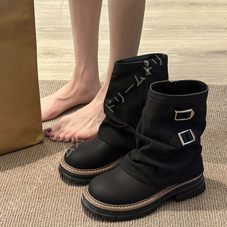 エンジニアブーツ レディース ベルト付き 美脚 脚長 ショートブーツ ショートブーツ ショート丈 ミドル丈 ベージュ ブラック ブーツ カジュアル靴 