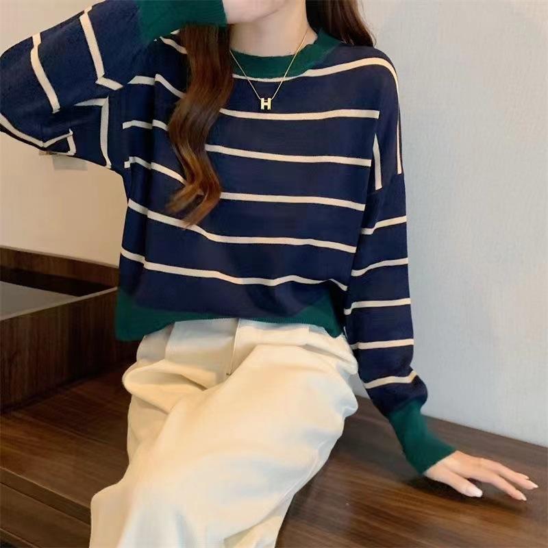 丸首ストライプスリーブショート丈長袖スリムニットボトムブラウス秋春冬婦人服新作セータートップス女  