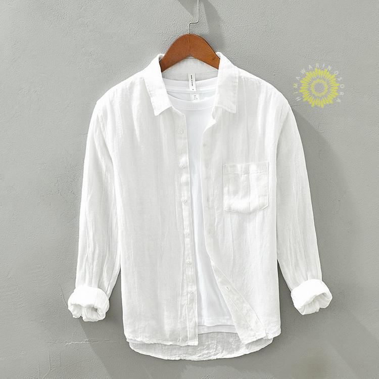 リネンシャツ カジュアルシャツ 亜麻 シャツ メンズ トップス 清涼 爽快 リネン しわ加工 長袖 