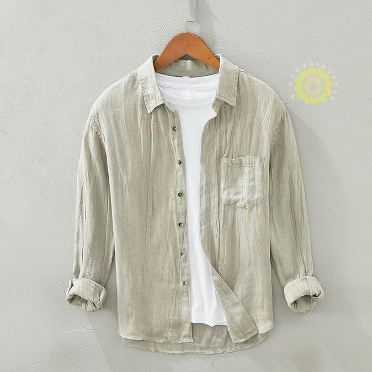 リネンシャツ カジュアルシャツ 亜麻 シャツ メンズ トップス 清涼 爽快 リネン しわ加工 長袖 