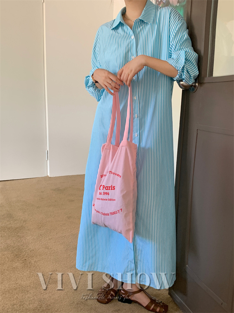 レディース 長袖 ワンピース ワンピ ロング丈 シャツワンピ カジュアル あわせやすい ゆったり おしゃれ ストライプ お出かけ 着やすい シンプル 重ね着 大人 