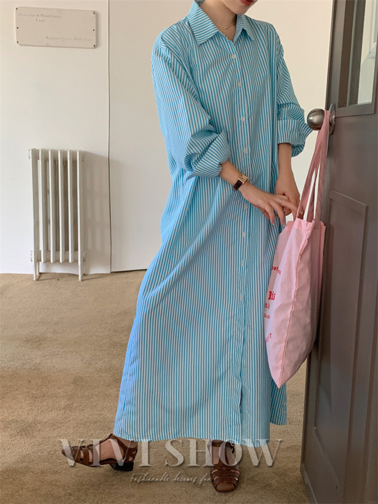 レディース 長袖 ワンピース ワンピ ロング丈 シャツワンピ カジュアル あわせやすい ゆったり おしゃれ ストライプ お出かけ 着やすい シンプル 重ね着 大人 