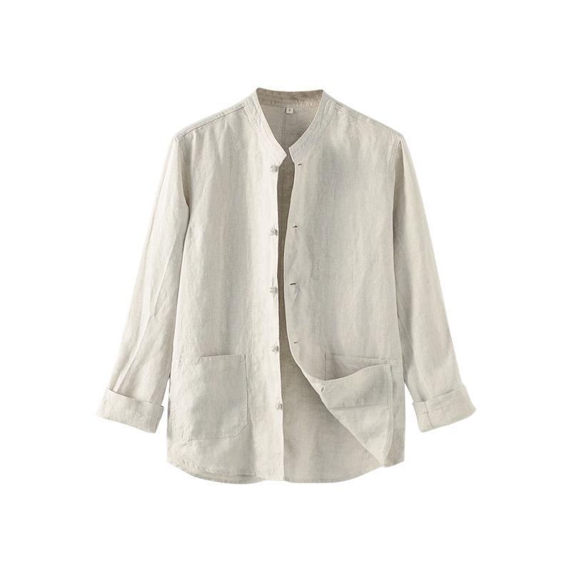 チャイニーズスタンドアップカラーリネンシャツファッショナブルな長袖カジュアルコイルボタンリネンカーディガントップD015  