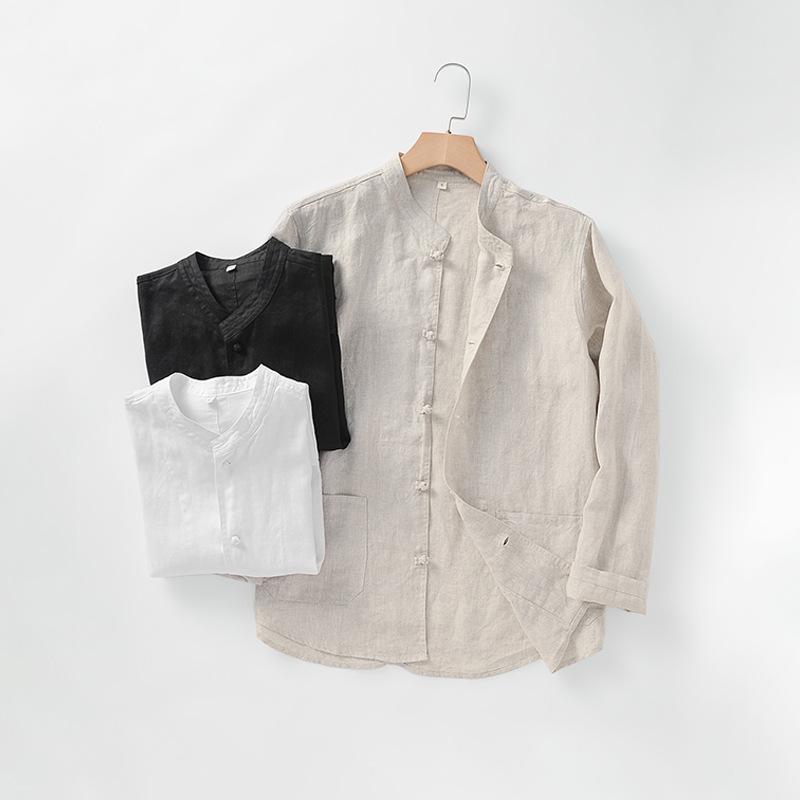 チャイニーズスタンドアップカラーリネンシャツファッショナブルな長袖カジュアルコイルボタンリネンカーディガントップD015  