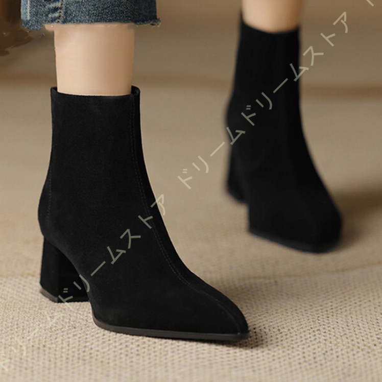 大きいサイズ チャンキーヒール ブーティ レディース ポインテッドトゥ アンクルブーツ 5センチ 歩きやすい ショートブーツ バックジッパー ヒール ローヒール 