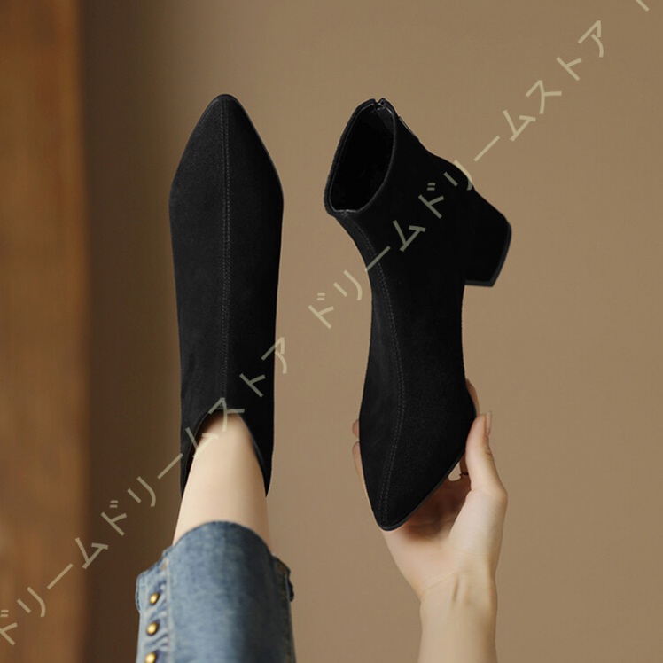 大きいサイズ チャンキーヒール ブーティ レディース ポインテッドトゥ アンクルブーツ 5センチ 歩きやすい ショートブーツ バックジッパー ヒール ローヒール 