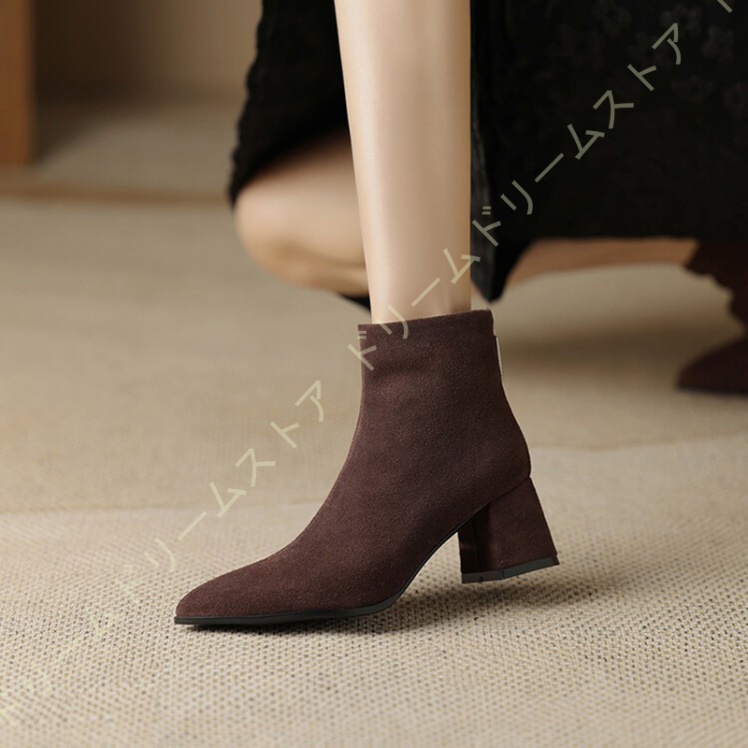 大きいサイズ チャンキーヒール ブーティ レディース ポインテッドトゥ アンクルブーツ 5センチ 歩きやすい ショートブーツ バックジッパー ヒール ローヒール 