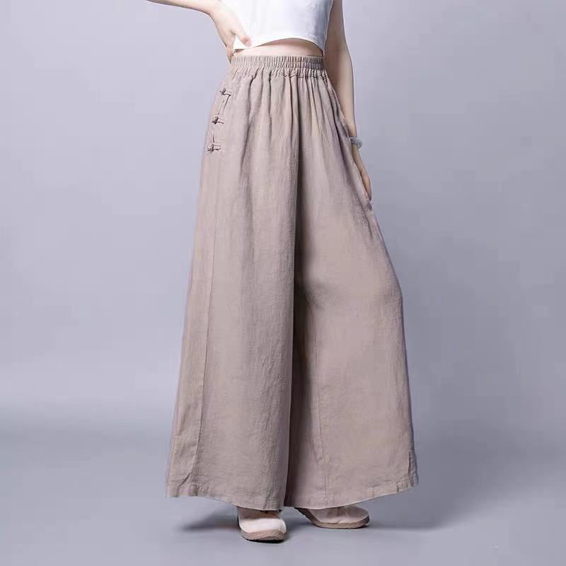 ワイドパンツ レディース 綿麻パンツ ロングパンツ ボハイウエスト 無地 春秋 薄手 アウトドア カジュアル ゆったり 体型カバー おしゃれ 