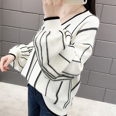 ニット トップス ストライプ Vネック 袖コンシャス パフスリーブ 長袖 黒 袖あり セーター ブラック カーキ コーラル ホワイト ピンク ボリューム袖 白 ママ会 