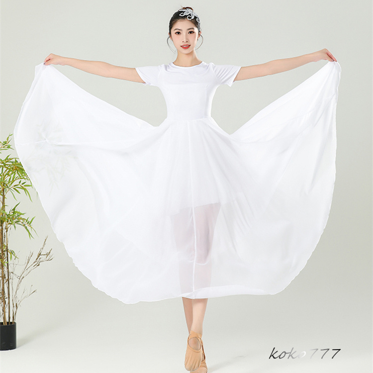 ワンピース レディース ロングドレス ダンスウエア 半袖 踊り 女子服 コスチューム 発表会 舞台衣装 シフォン モダンダンス 部活 練習着 無地 パーティー 